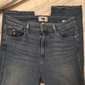 PAIGE Light Wash Mid-Rise Jeans - distressed knees straight leg size 30